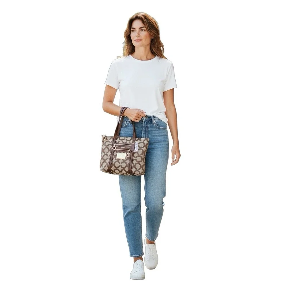COACH 13826 Poppy Op Art Glam Brown Canvas Logo Bronze Shoulder Tote Bag Handbag
